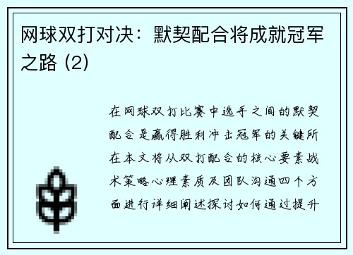 网球双打对决：默契配合将成就冠军之路 (2)